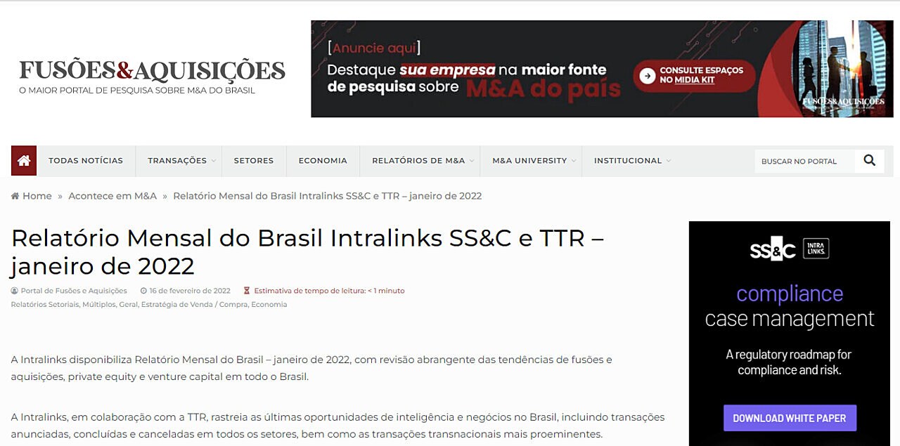 Relatrio Mensal do Brasil Intralinks SS&C e TTR  janeiro de 2022